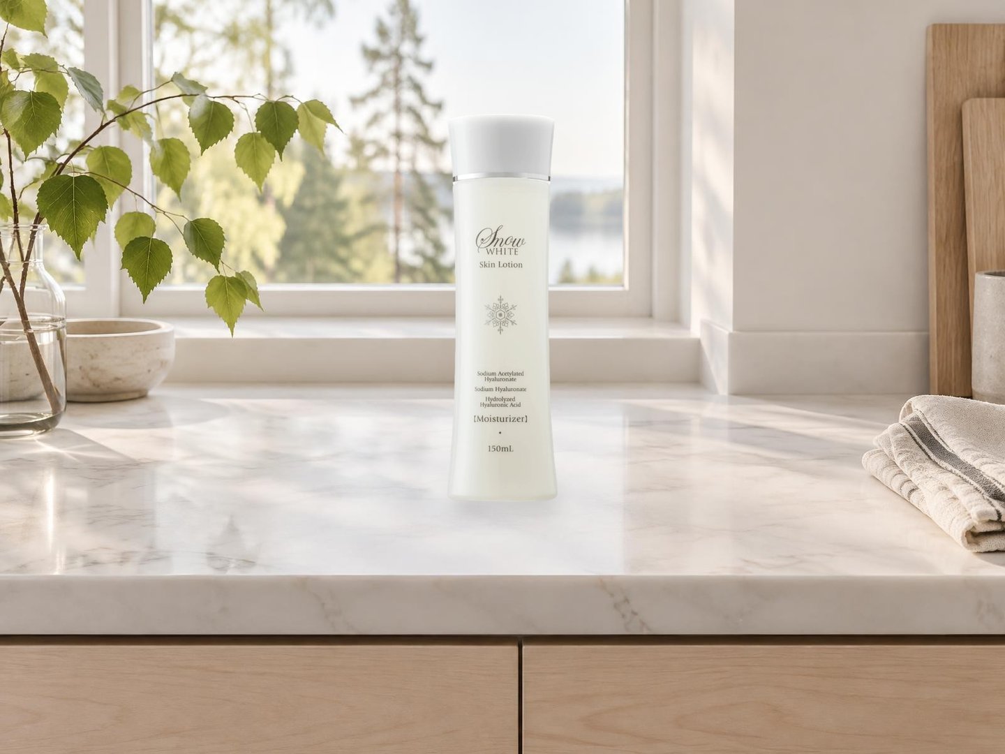 Snow White Skin Lotion 150 mL on a marble counter by a Nordic window
