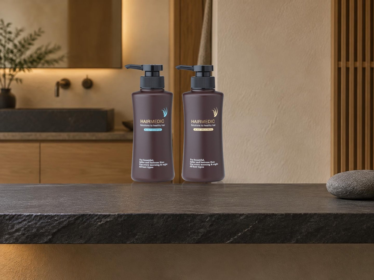 Hair Medic Scalp Shampoo and Scalp Treatment on a stone shelf
