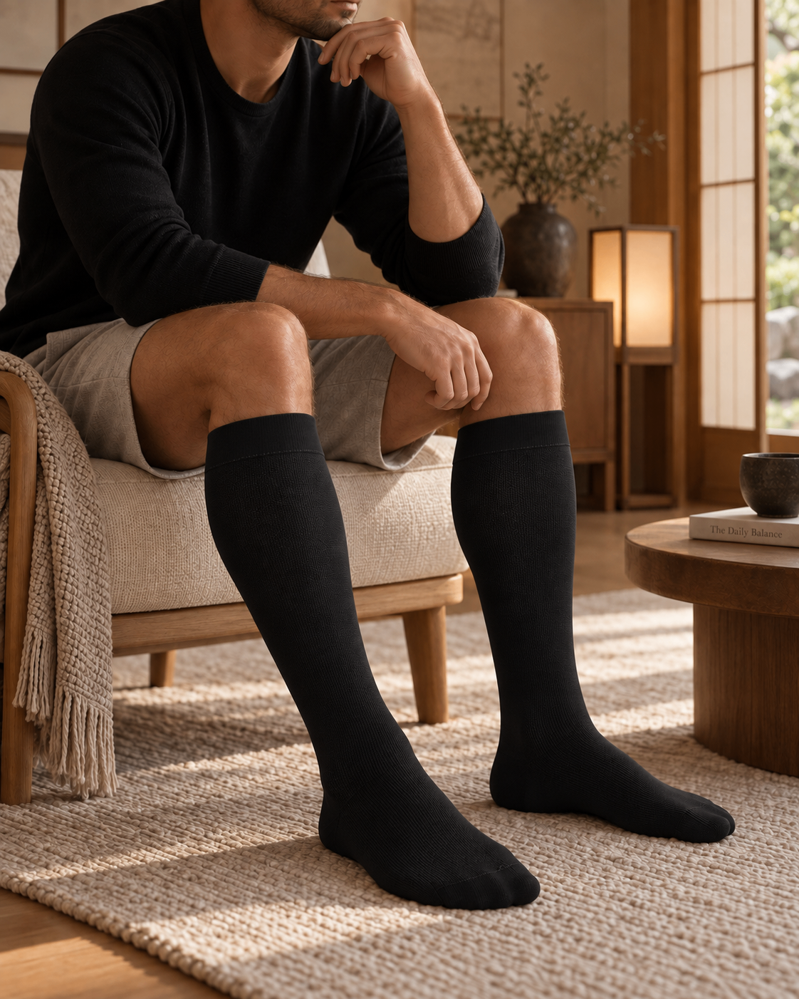 Seated, wearing the men's compression socks